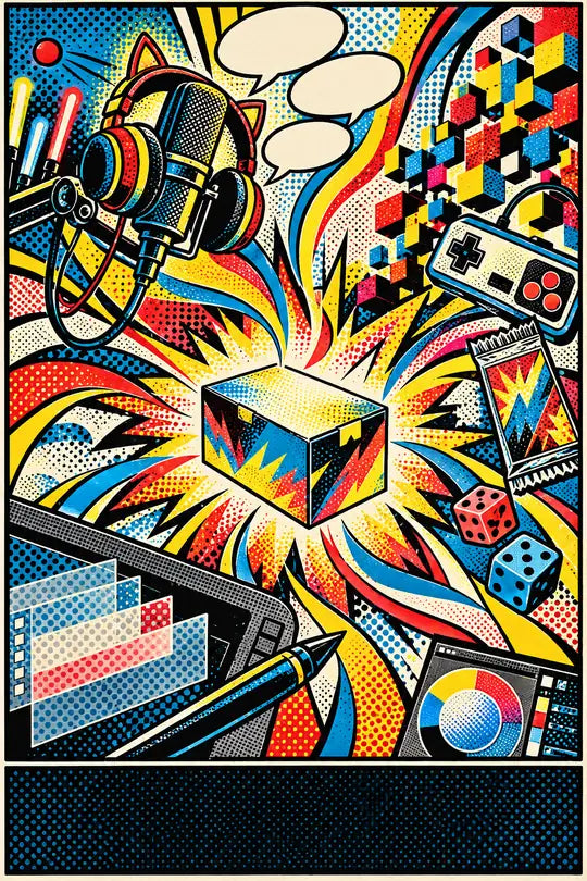 Pop-art painting: a microphone with cat-ear headphones, game pieces and a drawing tablet bursting into a glowing box.