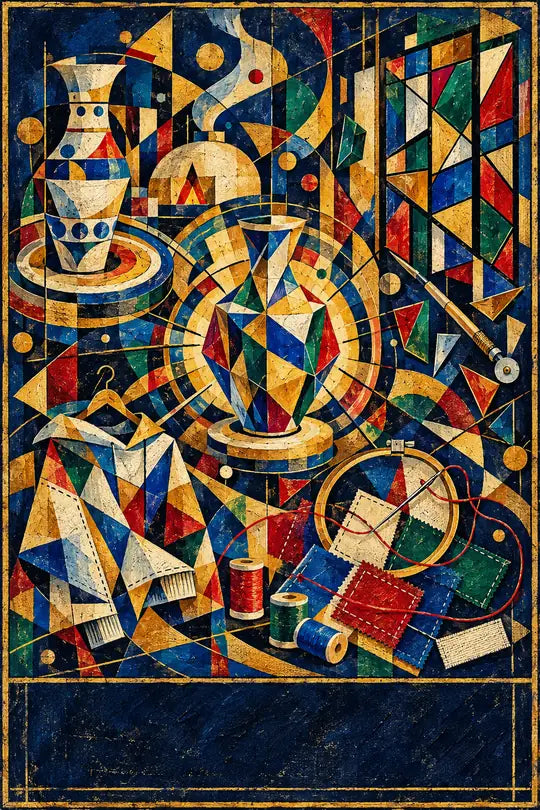 Abstract painting of porcelain, stained glass, thread and fabric around a jewel-like vessel.