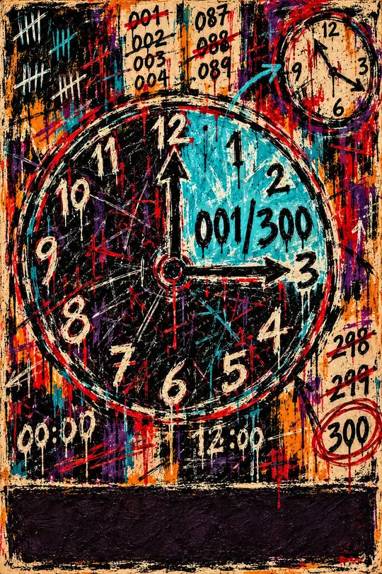 Raw painting of a large clock, with numbers counting up to 300 and crossed out one by one.