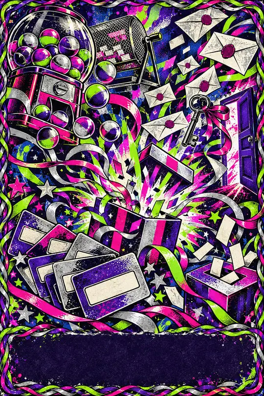 Screen-print collage of a gift box bursting open, with capsules, sealed letters, a key and member cards.