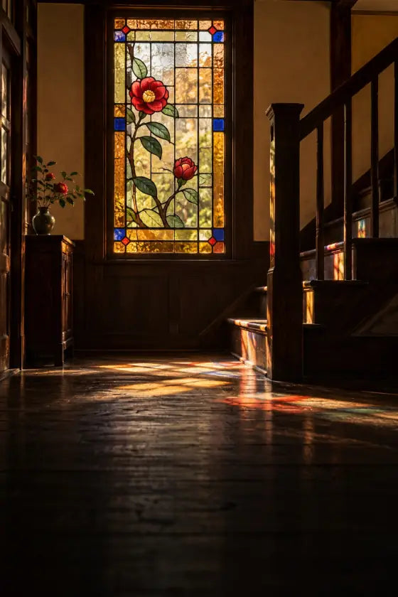 A Taisho-era house interior with a camellia stained-glass window throwing coloured light on the floor.