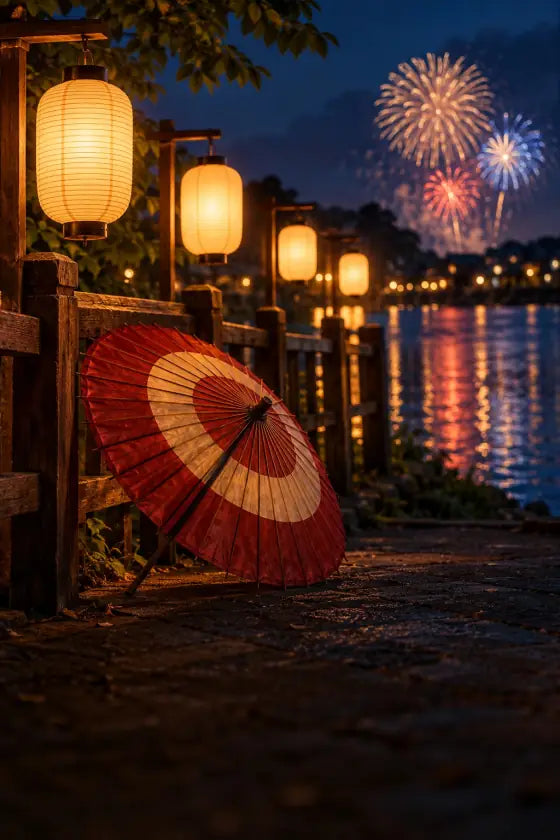 A riverside path at night with paper lanterns, a red-and-white umbrella and fireworks.