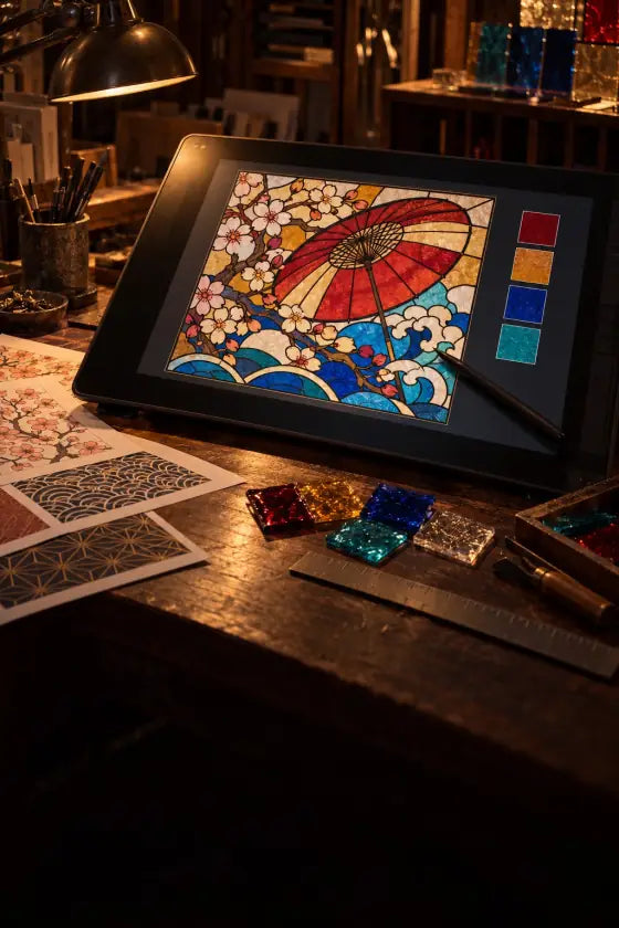 A pen display showing a stained-glass pattern of an umbrella, blossoms and waves, with glass samples on the desk.