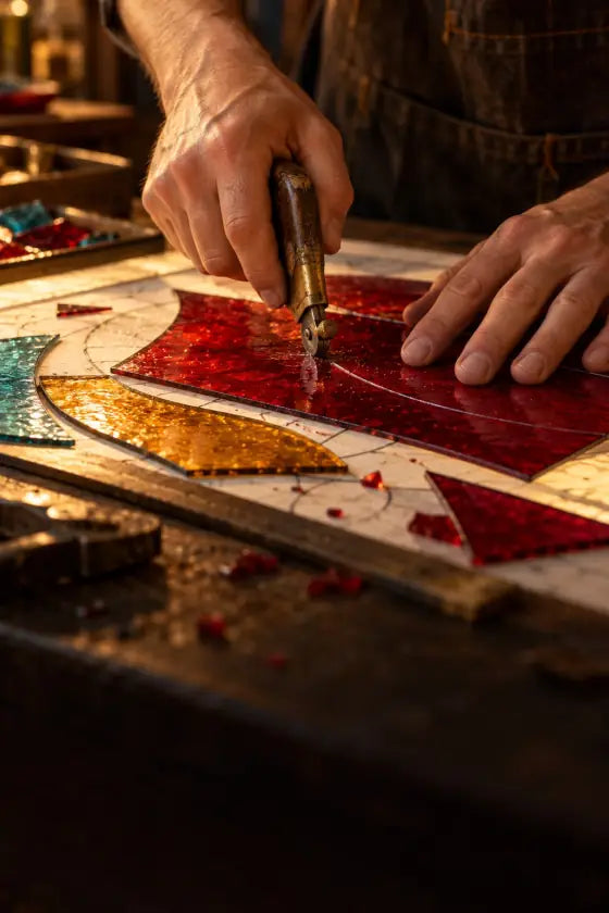 Hands scoring ruby-red glass with a glass cutter on a light table.