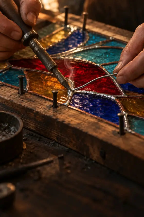 Hands soldering copper-foiled seams between pieces of coloured glass.