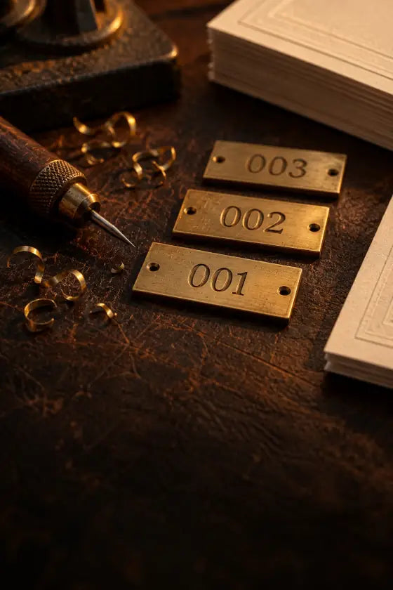 Brass serial plates engraved 001, 002 and 003 beside numbered certificates.