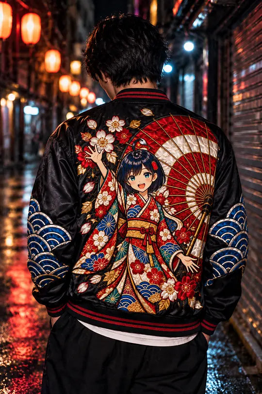 The back of a black satin souvenir jacket embroidered with a stained-glass festival portrait.