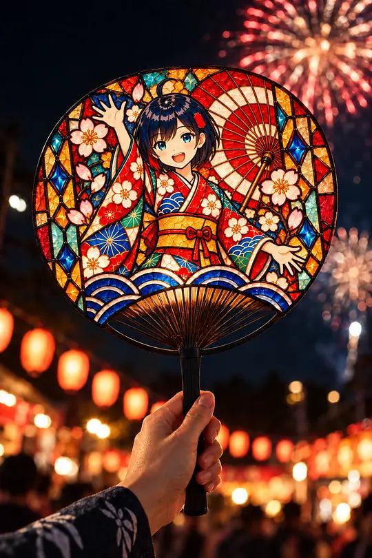 A stained-glass style festival fan held up against fireworks.