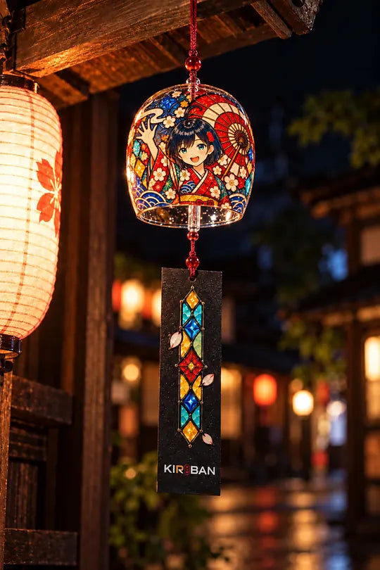 A glass wind chime with a festival portrait hanging under a wooden eave beside a paper lantern.