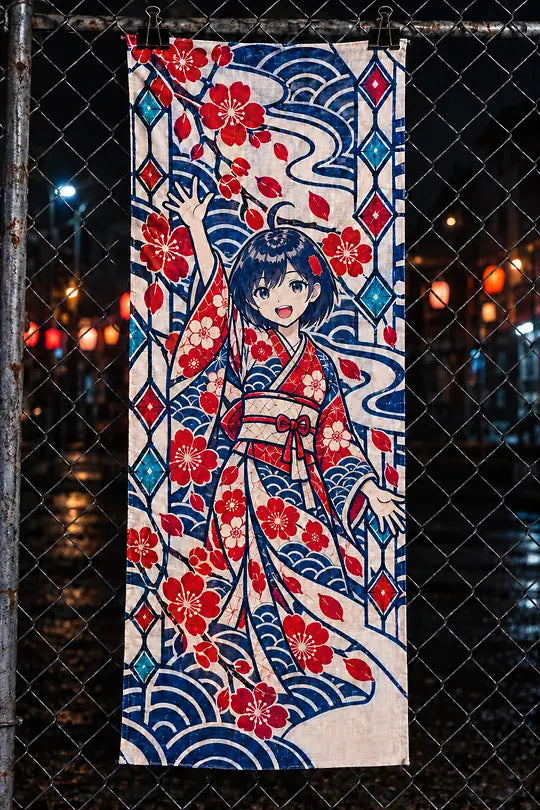 A long indigo and red tenugui cloth clipped to a chain-link fence at night.