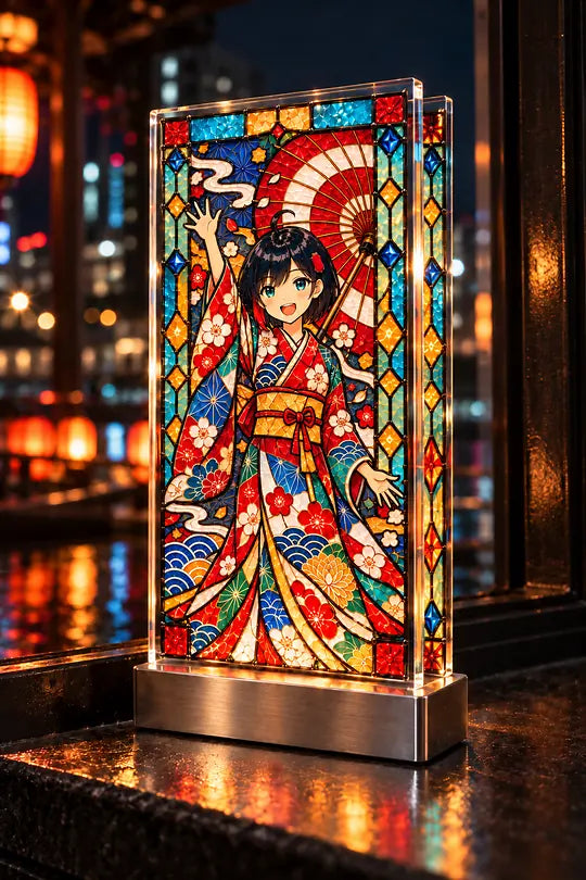 A clear acrylic stand printed with the stained-glass lamp panel, glowing on a windowsill at night.