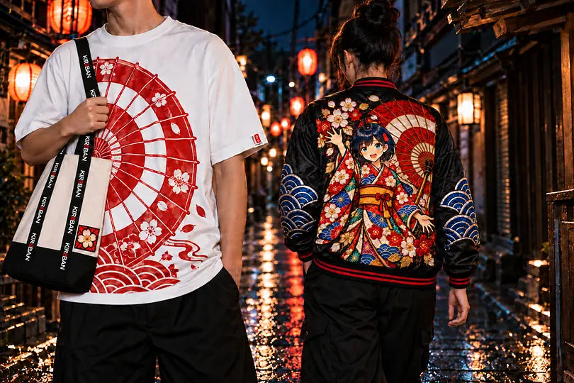Two people on a rainy night street wearing the tee and the embroidered jacket, one carrying the tote.